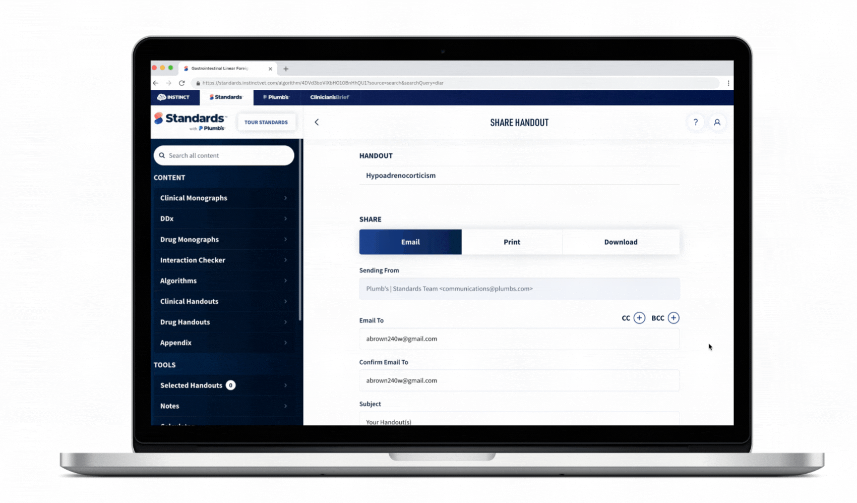 Gif showing how to share handouts about diseases, conditions, and medications with pet owners right from the Standards of Care platform
