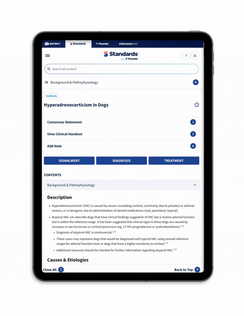 Gif scrolling through the in-depth clinical monograph in Standards of Care, which explains diagnosis, treatment, and management of addison's disease in a dog
